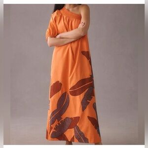NWT $230 Anthropologie Maeve One Shoulder Embroidered Maxi Orange Dress Large
